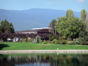 Divonne-les-Bains - Spa: Lake (masa de agua artificial) con el fin de la orilla decorada con césped y árboles en el Pays de Gex