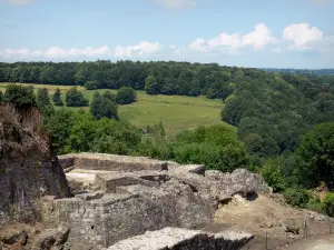 Domfront - Stätte der Schlossruinen (Ruinen) mit Blick auf die umliegende bewaldete Landschaft; im Regionalen Naturpark Normandie-Maine