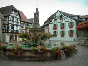 Eguisheim - Square paved with a flower-bedecked fountain and half-timbered houses and windows decorated with geranium flowers