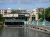 Enghien les BainsaEnghien-les-Bains - Spa town: former bandstand (rotunda housing a brasserie), railing and art nouveau style lampposts on the jetty of Lake Enghien