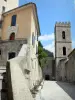 Entrevaux - Castellated klokkentoren van de kathedraal van Onze Lieve Vrouw van de Assumptie en het middeleeuwse dorp huizen