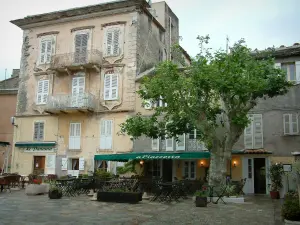 Erbalunga - Square in the village (marine) with houses, terrace of coffee(café), tree and plants