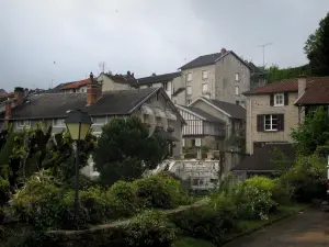 Eymoutiers - Lamppost, shrubs and houses of the city