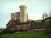 Falaise - William the Conqueror castle (Talbot tower, small keep and big keep) on a rocky mountain spur, trees and a cloudy sky