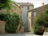 Fayence - Ruelle en pente bordée d'arbustes, de plantes grimpantes et de maisons