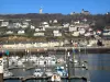 Fécamp - Boats in the port, quay, houses of the city and the Notre-Dame-du-Salut chapel dominating the set