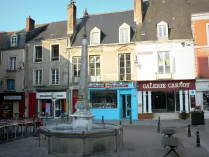 La Ferté-Bernard - Fontaine aux Lions, façades de maisons et commerces de la place Carnot