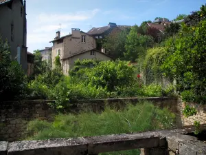 Figeac - Vegetatie en huizen in de oude stad, in de Quercy