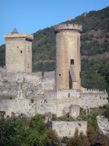 Foix - Round tower and square tower with battlements of the castle of the Counts of Foix (medieval fortress, fortified castle)