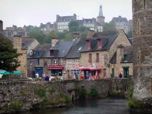 Fougères - Moats of the castle and stone houses, bell tower and houses of the upper town