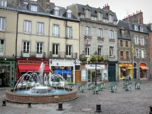 Fougères - Aristide-Briand square: fountain, shops and houses