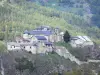 Fuerte Queyras - Chateau-Queyras fortaleza (castillo) posado sobre un saliente rocoso y los árboles en el Parque Natural Regional de Queyras, Chateau-de la Ciudad Vieja