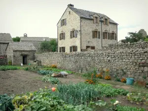 La Garde-Guérin - Tuin en stenen huizen van het middeleeuwse dorp