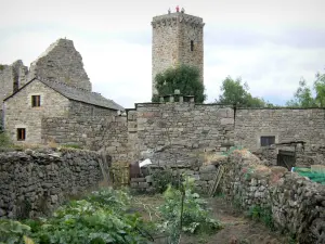 La Garde-Guérin - Uitkijktoren (middeleeuwse kerker van het kasteel), blijft van een statige villa, stenen huizen en tuin