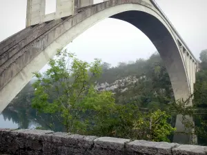 Gargantas del Ain - El puente del arco Serrières-sur-Ain Ain en los márgenes de los ríos y los árboles plantados