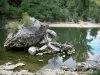 Gargantas del Aveyron - Roca, río Aveyron, apoyada en las canoas en tierra, y los árboles