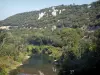 Gargantas del Cèze - Cèze río, los árboles a lo largo de los de agua, acantilados y rocas