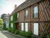 Gerberoy - Half-timbered house and bricks with white shutters, shrubs and a rosebush (red roses)