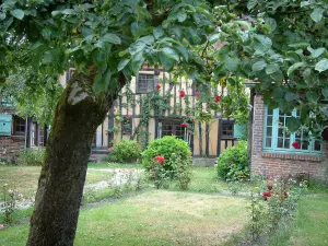 Gerberoy - Jardín de una casa de madera decorada con un árbol, las rosas (rosas rojas) y los arbustos