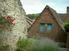 Gerberoy - Mauer aus Stein, Rosenstrauch (rote Rosen), Lavendel und Haus gedeckt mit Ziegeln