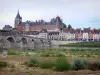 Gien - Schloß von Anne de Beaujeu bergend das internationale Jagdmuseum, Kirchturm der Kirche Sainte-Jeanne-d'Arc, Häuser der Stadt, Brücke überspannend den Fluss Loire und Bodenbewuchs
