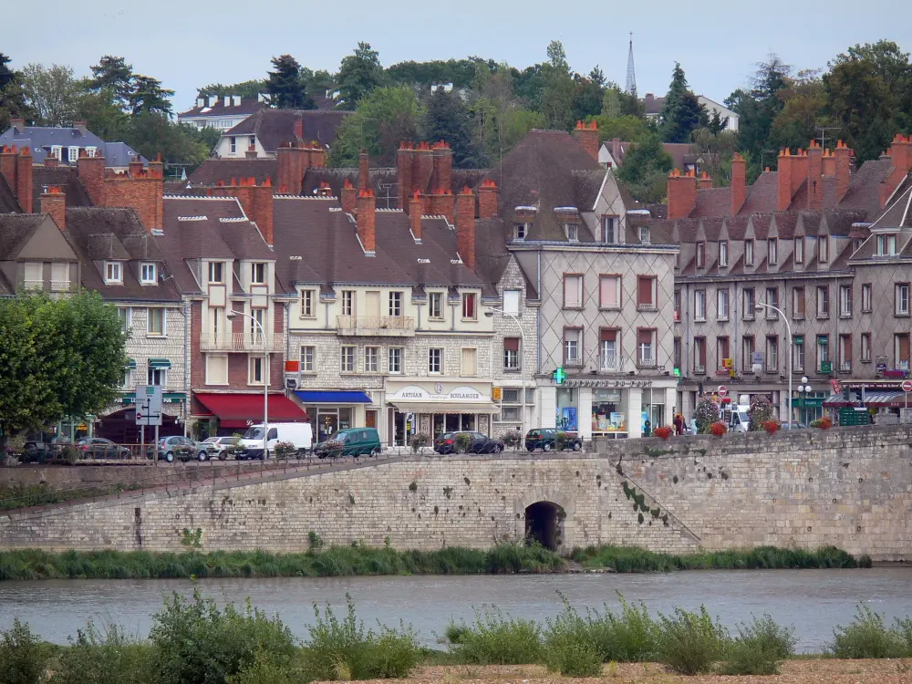 Gien - Maisons et commerces de la ville, arbres et fleuve Loire