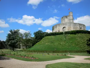 Gisors - Château fort de Gisors : donjon sur sa motte féodale et parterres fleuris du jardin public