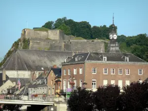 Givet - Charlemont fort, bell tower of the Saint-Hilaire church, Meuse bridge and facades of the town