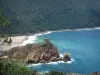 Le golfe de Porto - Golfe de Porto: Tour génoise surplombant la mer méditerranée, plage avec des vagues et montagne recouverte d'arbres