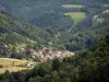 Goumois - Corniche de Goumois: De la corniche, vue sur le village franco-suisse de Goumois, les prairies et les arbres ; dans la vallée du Doubs