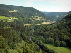 Goumois coastal road - From the scenic coastal road, view of the Doubs valley, the River Doubs, trees, prairies and the village of Goumois