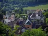 Gourdon - Los árboles y las casas de la ciudad, en el Périgord negro, en el Quercy