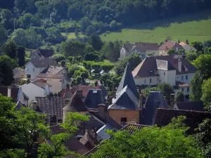 Gourdon - Bomen en huizen van de stad, in Bouriane, in de Quercy