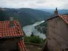 Meer van Grangent - Gorges de la Loire: Chambles dorp huizen met uitzicht op het water reservoir, omringd door beboste heuvels