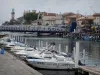 Le Grau-du-Roi - Passerelle enjambant le port de pêche, bateaux amarrés aux quais, maisons et phare du Grau-du-Roi