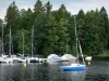 Great lakes of the Morvan - Settons lake (artificial lake), boats on the water, and wooded bank; in the Morvan Regional Nature Park