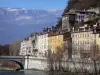 Grenoble - Façades de maisons de la ville, pont enjambant la rivière Isère, arbres et montagne 