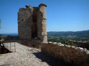 Grimaud - Ruins of the castle with a view of forests, hills and coast