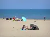 Gruissan - Gruissan-Plage, in the Regional Natural Park of Narbonne in the Mediterranean: holidaymakers sitting on the sandy beach at the edge of the Mediterranean sea