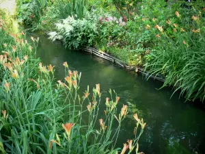 Haus und Gärten von Claude Monet - Garten von Monet, in Giverny: Wassergarten: kleiner Wasserlauf gesäumt von blühenden Lilien