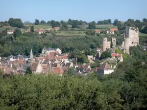 Hérisson - Gezicht op het dorp, omringd door groen Hérisson: huizen van het middeleeuwse dorp, toren Saint-Sauveur, de Notre Dame kerk en het feodale kasteel domineert de hele