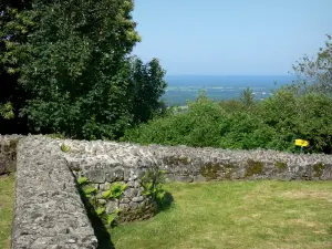 Heuvel Butte du Montaigu - Ruïnes van de Hermitage aan de top van de heuvel, bomen en landschap Coëvrons achtergrond