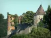 Hierges - Tours du château de Hierges entourées de verdure et dominant la vallée de la Meuse ; dans le Parc Naturel Régional des Ardennes