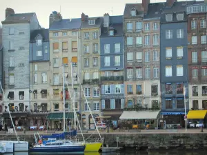 Honfleur - Sailboats in the Vieux Basin pond (port) and tall houses of the Sainte-Catherine quay