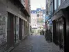 Honfleur - Gasse gesäumt von Häusern mit Blick auf den Vieux Bassin und die Wohnhäuser des Kais Sainte-Catherine