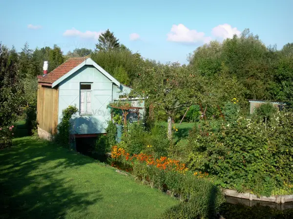 Hortillonnages of Amiens gardens - Hut and gardens along the water (canal)