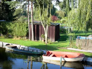 Hortillonnages of Amiens gardens - Garden with small house and trees on the edge of the canal, boats on the water