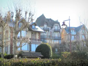 Houlgate - Côte Fleurie : villas de la station balnéaire, arbres, arbustes et lampadaire