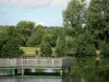 Isla de ocio de Cergy-Pontoise - Pontón en un estanque y árboles a lo largo del agua.