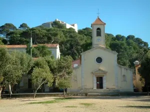 Isla de Porquerolles - Village Plaza de la Iglesia con los árboles y pinos en el fondo